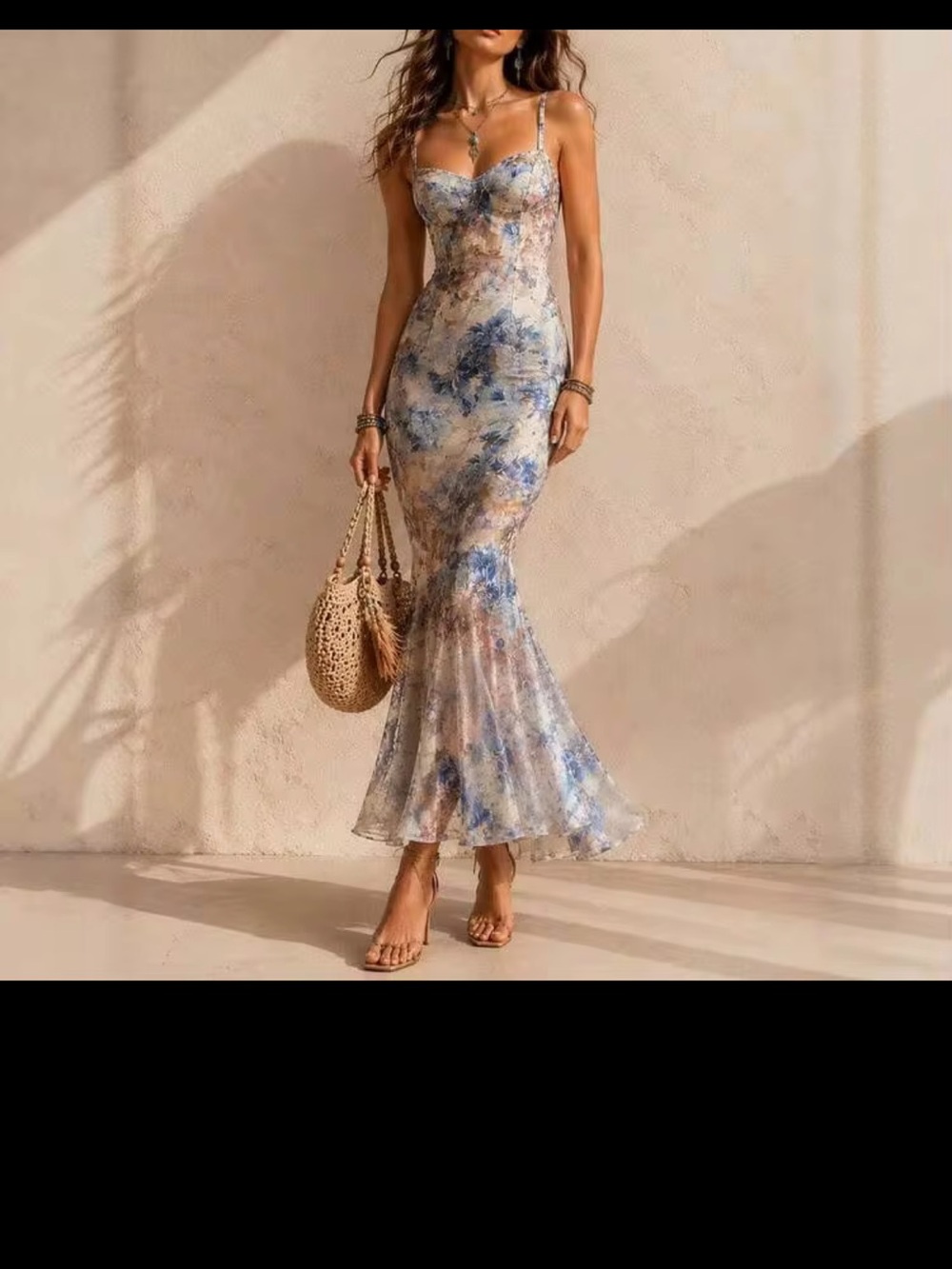 Watercolor Blue & Cream Mermaid Maxi Dress